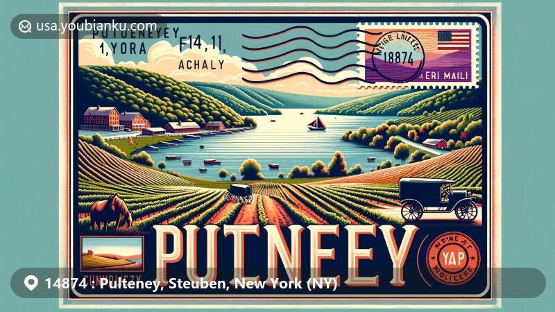 Modern illustration of Pulteney, New York, with Keuka Lake as a prominent feature, showcasing vineyards and the Finger Lakes wine region along hillsides, framed by a vintage air mail envelope with New York State flag postage stamp, postmarked on 2024/02/11 with ZIP code 14874.