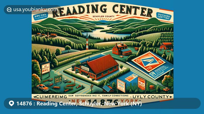 Modern illustration of Reading Center, New York, with postal theme featuring ZIP code 14876, showcasing forests, farmlands, and community values.
