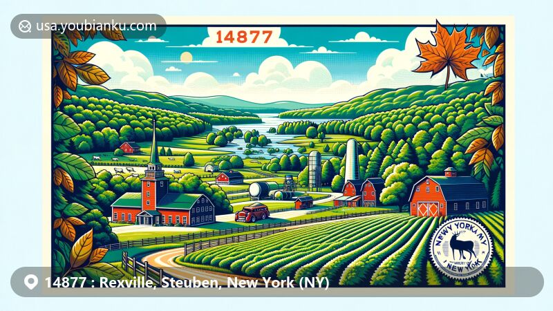 Modern illustration of Rexville, Steuben County, New York, capturing essence of rural life with hardwood forests, dairy farming, and maple syrup production, blended with postcard design elements.