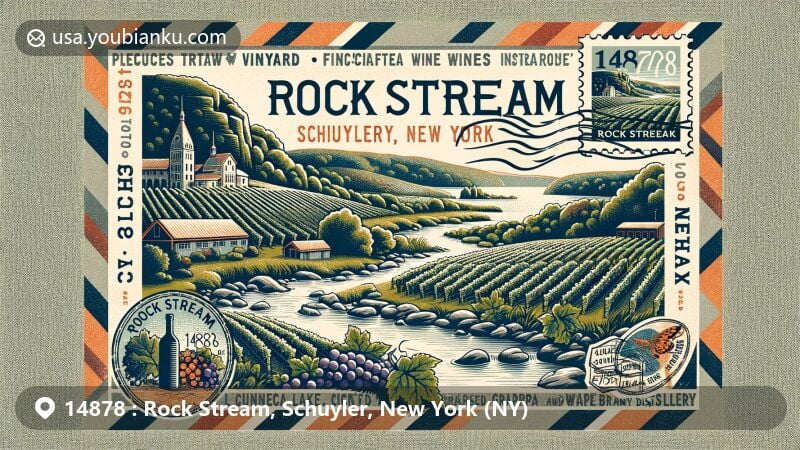 Modern illustration of Rock Stream, Schuyler County, New York, capturing vineyards symbolizing rich wine culture, including Rock Stream Vineyards known for premium wines and vintage postal elements.