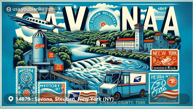 Modern illustration of Savona, Steuben County, New York, capturing postal heritage with ZIP code 14879, featuring Cohocton River and historic flour and planing mills.