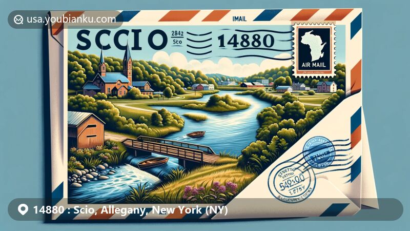 Modern illustration of Scio town, Allegany County, New York, with postal theme showcasing ZIP code 14880, featuring Genesee River, vintage airmail envelope, and picturesque countryside elements like Knights Creek.