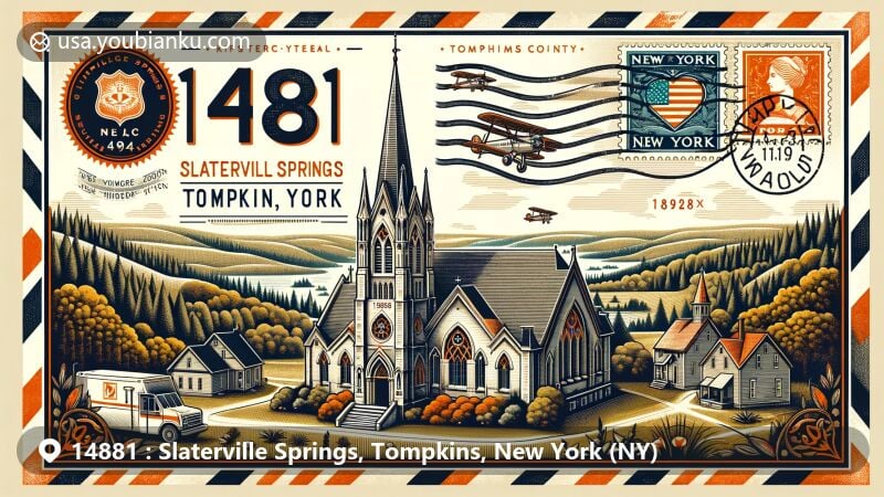 Modern illustration of Slaterville Springs, Tompkins County, New York, featuring St. Thomas Episcopal Church in Carpenter Gothic style, surrounded by natural beauty and rural charm, incorporating vintage postal theme with airmail elements and New York state flag stamp.