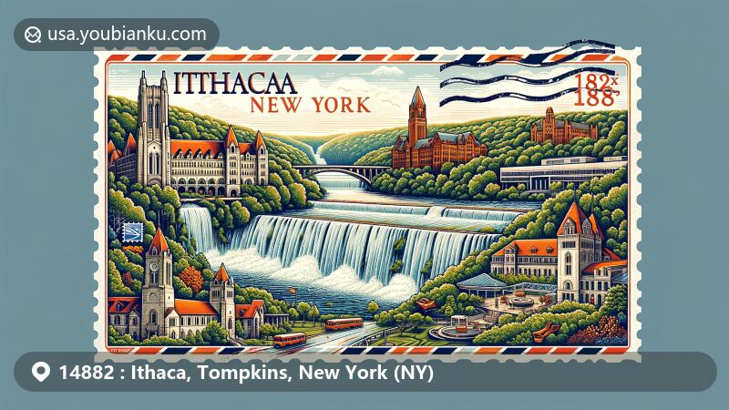 Modern illustration of Ithaca, New York, featuring Cornell University's academic ambiance, Buttermilk Falls State Park, Ithaca Falls, and Cornell Botanic Gardens, with a postal theme including the ZIP code 14882, stamps, and a postmark.
