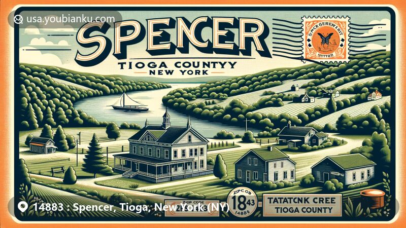 Modern illustration of Spencer, Tioga County, New York, depicting vintage postcard theme with a twist, showcasing lush green landscapes, historic Purdy’s Tavern, Finnish community elements, Spencer-Van Etten School, and Catatonk Creek, along with postal details of ZIP code 14883.