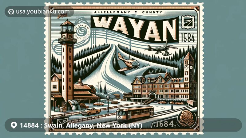 Modern illustration of Swain, New York, blend scenic beauty with postal theme featuring ZIP code 14884, showcasing Swain Resort and Allegany County outline.