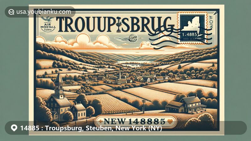 Modern illustration of Troupsburg, New York, in Steuben County, showcasing serene countryside charm with rolling hills, forests, and agricultural fields, incorporating vintage postcard elements and geographical coordinates.