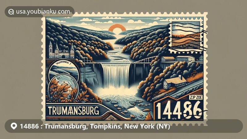 Modern illustration of Trumansburg, New York, postal theme with ZIP code 14886, showcasing Taughannock Falls and local cultural elements, ideal for web use.
