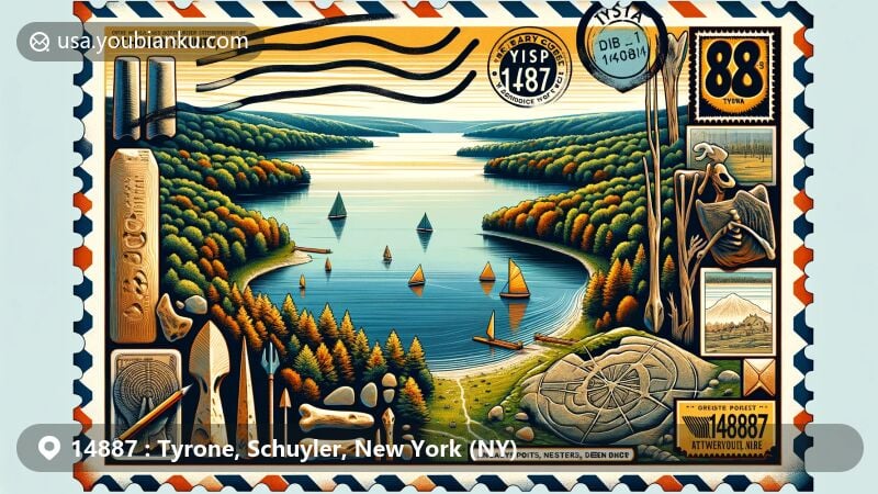 Modern illustration of Lamoka Lake, Tyrone, Schuyler County, New York, showcasing aerial view with archaeological artifacts like Lamoka points, netsinkers, and deer bone talisman. Includes natural beauty, postal elements, and community preservation theme.