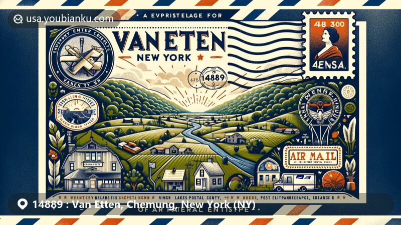 Modern illustration of Van Etten, Chemung County, New York, depicting rural charm and natural beauty within an air mail envelope, showcasing New York state flag, Chemung County outline, and local landmarks like Finger Lakes Soap Co.