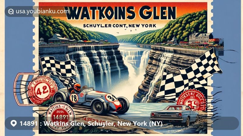 Modern illustration of Watkins Glen, Schuyler County, New York, capturing Watkins Glen State Park with its 19 waterfalls, vintage racing cars, and postal theme with ZIP code 14891, showcasing the area's natural beauty and cultural significance.