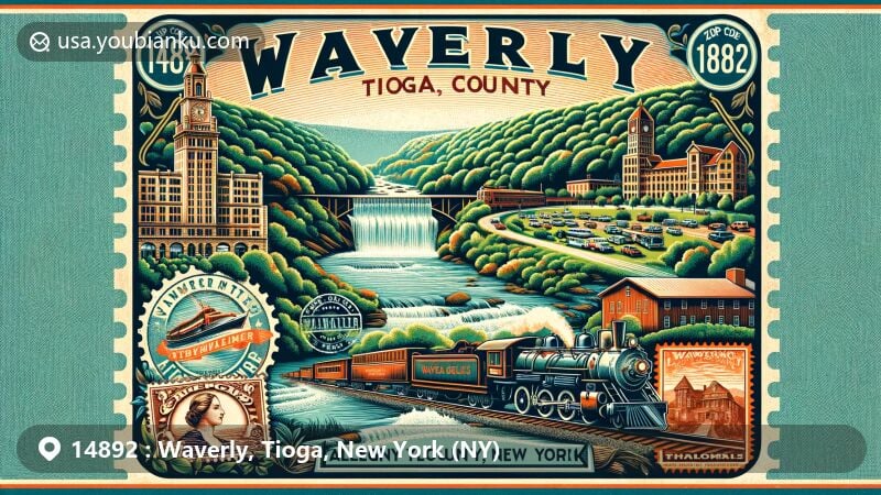 Modern illustration of Waverly, Tioga County, New York, featuring Waverly Glen Park with stunning natural scenery and waterfalls, vintage steam locomotives, including the Black Diamond Express, and postal elements showcasing ZIP code 14892.