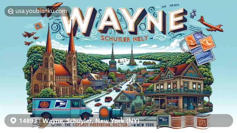 Modern illustration of Wayne, Schuyler, New York, showcasing postal theme with ZIP code 14893, featuring local landmarks like First Presbyterian Church of Hector, Second Baptist Church of Wayne, and Lamoka site, along with postal truck and mailbox.