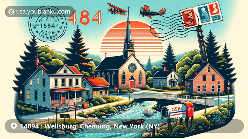 Modern illustration of Wellsburg, Chemung County, New York, featuring iconic First Baptist Church from the 1790s, postal theme with vintage air mail envelope, stamps, and prominent ZIP code 14894, highlighting the village's essence and historical significance.
