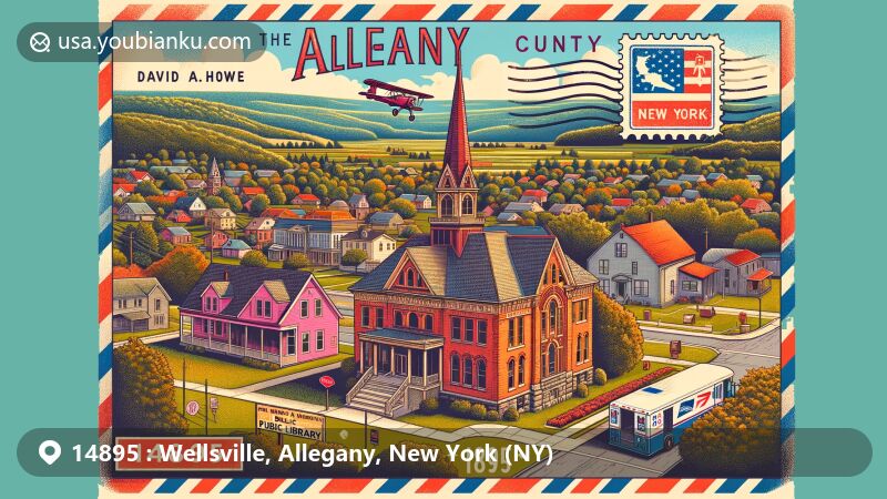 Modern illustration of Wellsville, Allegany County, New York, highlighting David A. Howe Public Library and historic Pink House, reflecting small-town charm and vibrant community spirit. Postal theme includes vintage postcard layout with New York state flag stamp and '14895' ZIP code.
