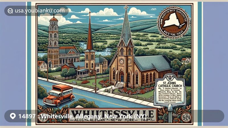 Modern illustration of Whitesville, Allegany County, New York, capturing the essence of community heritage with St. Johns Catholic Church and United Methodist Church, historical marker, and lush Allegany County landscapes, intertwined with New York state elements and postal theme.