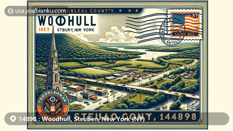 Modern illustration of Woodhull, Steuben County, New York, showcasing aerial view, Woodhull Raceway, and vintage postcard layout with NY state flag stamp and ZIP code 14898.