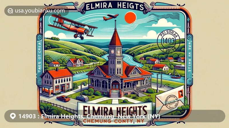 Modern illustration of Elmira Heights, Chemung County, New York, showcasing postal theme with ZIP code 14903, featuring Elmira Heights Village Hall, Newtown Creek, vintage postage stamp frame, and postmark with '14903 Elmira Heights, NY'.