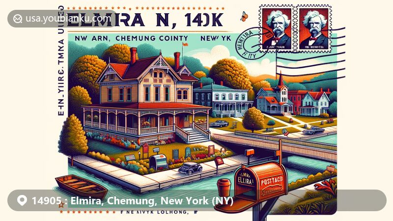 Vibrant illustration of Elmira, Chemung County, New York (NY), with references to Mark Twain's summer home and literary contributions, alongside Elmira College, incorporating natural landscapes and vintage postal themes, perfect for website use.