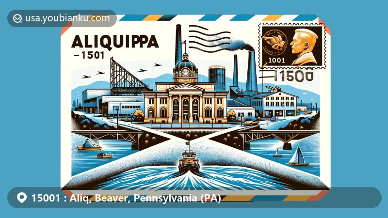 Modern illustration of Aliquippa, Beaver County, Pennsylvania, highlighting postal theme with ZIP code 15001, featuring B.F. Jones Memorial Library, steel mill silhouette, and Ohio River.