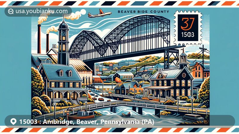 Modern illustration of Ambridge, Beaver County, Pennsylvania, showcasing industrial heritage with American Bridge Company and steel production history, featuring Old Economy Village elements, highlighting Harmonist architecture and community influence.