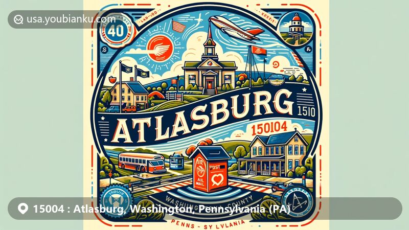 Modern illustration of Atlasburg, Washington County, Pennsylvania, highlighting small-town charm and outdoor activities, incorporating postal theme with air mail envelope, stamps, and ZIP code 15004, featuring local parks and state symbols.