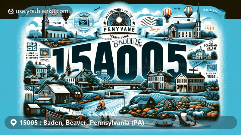 Modern illustration of Baden, Pennsylvania, showcasing natural beauty along the Ohio River, historical landmarks like Logstown and Old Economy Village, and postal elements with ZIP code 15005.