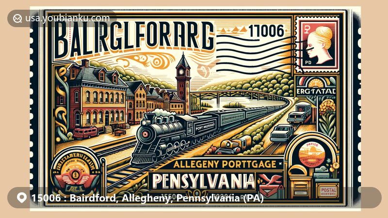 Modern illustration of Bairdford, Allegheny County, Pennsylvania, featuring Allegheny Portage Railroad and postal theme with ZIP code 15006, incorporating local symbols and postal elements like stamps, postmark, and mail vehicles.