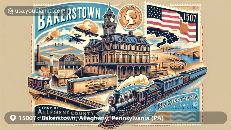 Modern illustration of Bakerstown, Allegheny County, Pennsylvania, showcasing postal theme with ZIP code 15007, featuring Bakerstown Hotel and Western Pennsylvania Model Railroad Museum.