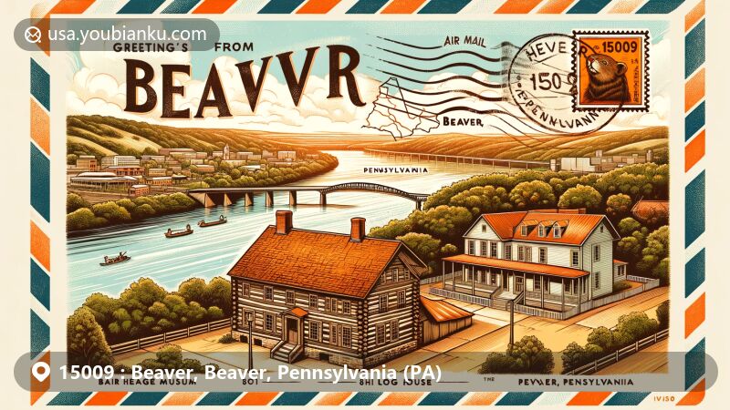 Modern illustration of Beaver, Pennsylvania, highlighting postal theme with ZIP code 15009, featuring Beaver Area Heritage Museum, 1802 Log House, and scenic Beaver and Ohio Rivers.