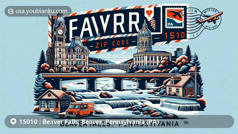 Modern illustration of Beaver Falls, Beaver County, Pennsylvania, highlighting postal theme with ZIP code 15010, featuring Beaver River and Pennsylvania state symbols.