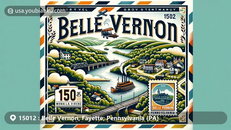 Modern illustration of Belle Vernon, Pennsylvania, showcasing ZIP code 15012, with historical references to glass manufacturing and scenic Monongahela River, featuring vintage postal theme integrating steamboats and sawmills, harmonizing with lush greenery.