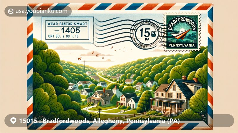 Modern illustration of Bradfordwoods, Pennsylvania, showcasing serene natural beauty with lush greenery, trees, and picturesque houses through an open airmail envelope, featuring postal theme with ZIP code 15015 and town symbols.
