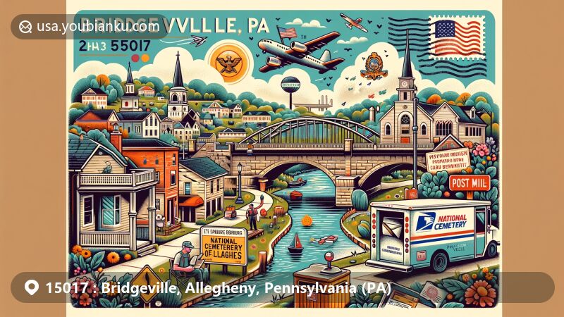 Modern illustration of Bridgeville, PA, highlighting small-town charm and community spirit, featuring National Cemetery of the Alleghenies and postal theme with ZIP code 15017.