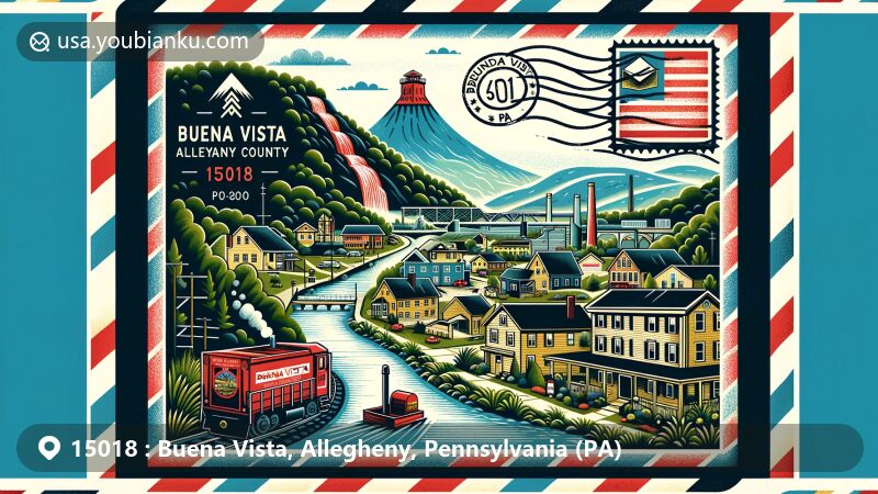 Modern illustration of Buena Vista, Allegheny County, Pennsylvania, showcasing serene town at Allegheny Mountains' foothills with historic coal company homes, red waterfall symbolizing coal mining heritage, and postal theme including airmail envelope with PA state flag stamp and 'Buena Vista, PA 15018' postmark.