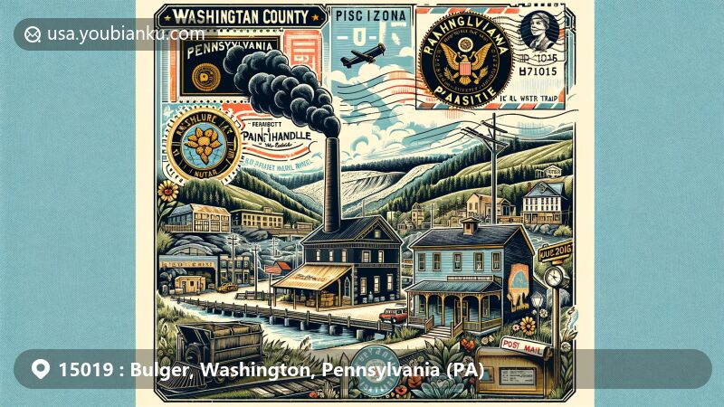 Modern illustration of Bulger, Washington County, Pennsylvania, featuring coal mining heritage, Panhandle Trail natural beauty, and state symbols like the Pennsylvania flag, with postal elements such as vintage postcard format and ZIP code 15019.