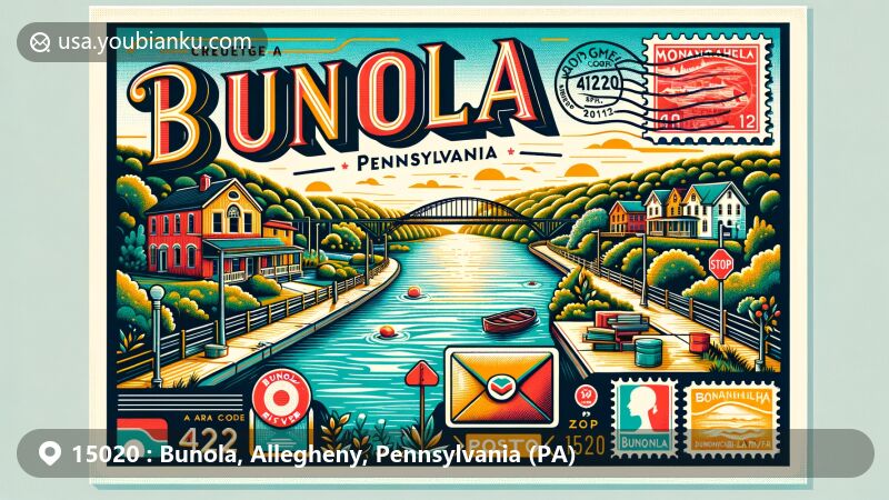 Modern illustration of Bunola, Allegheny County, Pennsylvania, featuring postal theme with ZIP code 15020 and area code 412, showcasing Monongahela River and community charm.