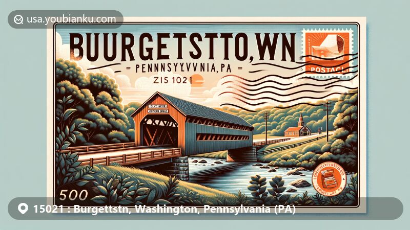 Modern illustration of McClurg Covered Bridge in Burgettstown, Pennsylvania, featuring postal theme with ZIP code 15021, Pennsylvania stamp, mailbox, and postal van among green trees and park setting.