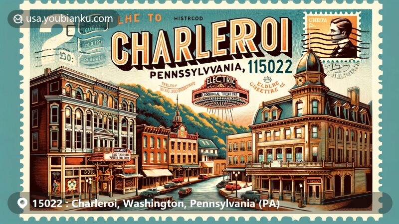 Modern illustration of Charleroi, Pennsylvania, highlighting historic architecture and ZIP code 15022, featuring Monongahela River and Electric Theatre, showcasing architectural styles from Queen Anne and late 19th to 20th-century revivals.