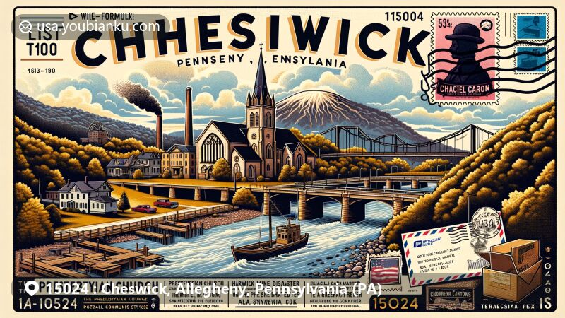 Modern illustration of Cheswick, Allegheny County, Pennsylvania, capturing the essence of the town's natural beauty, historical landmarks like the Presbyterian Church and Harwick Mine disaster memorial, and postal elements with air mail envelope, ZIP code 15024 postmark, and Rachel Carson Homestead stamp.