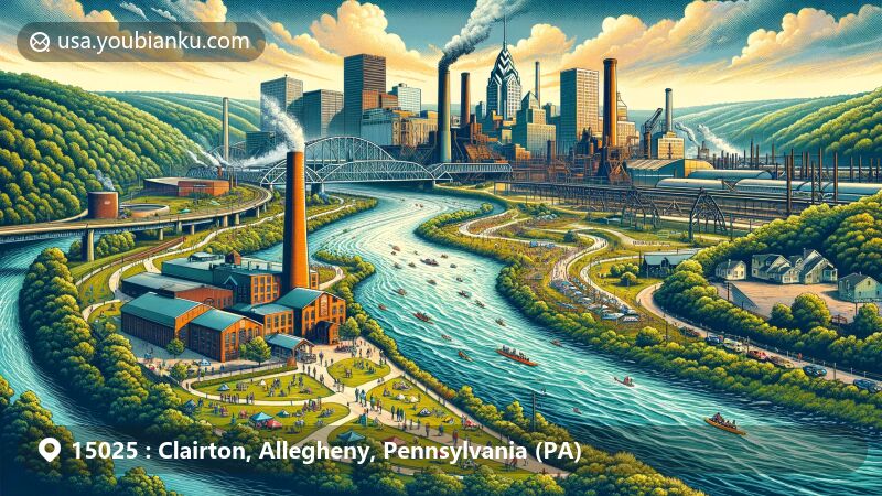 Modern illustration of Clairton, Pennsylvania, showcasing industrial history, natural beauty, and cultural significance, highlighting Monongahela River, U.S. Steel Clairton Coke Works, Montour Trail, outdoor activities, and ZIP code 15025.