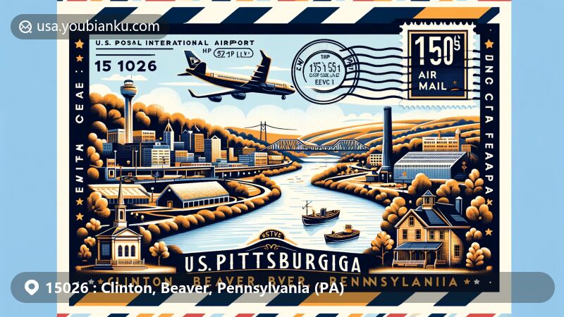 Modern illustration of Clinton, Beaver County, Pennsylvania, showcasing postal theme with ZIP code 15026, featuring Pittsburgh International Airport and iconic landmark Old Economy Village. Includes vintage air mail envelope elements and vibrant colors representing the region's uniqueness.