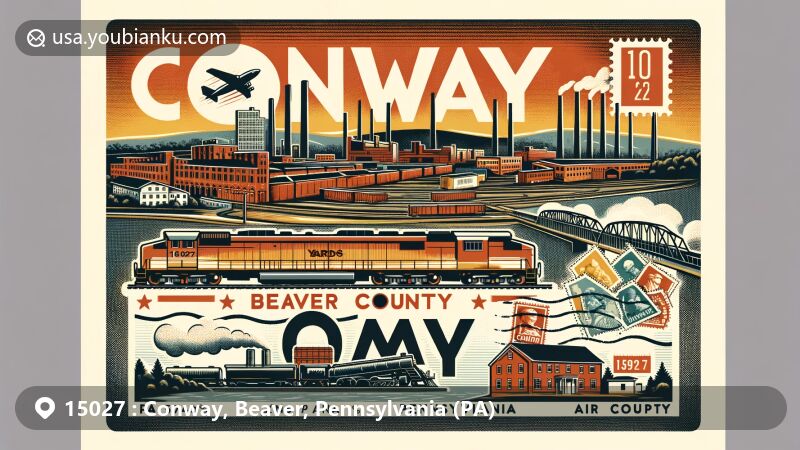 Modern illustration of Conway, Beaver County, Pennsylvania, showcasing postal theme with ZIP code 15027, featuring Conway Railroad Yards, industrial history, and natural resources like clay, coal, and oil.