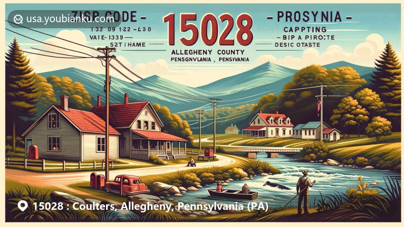 Modern illustration of Coulters, Allegheny County, Pennsylvania, depicting ZIP code 15028, featuring scenic Allegheny Mountains and outdoor activities like fishing and hiking.