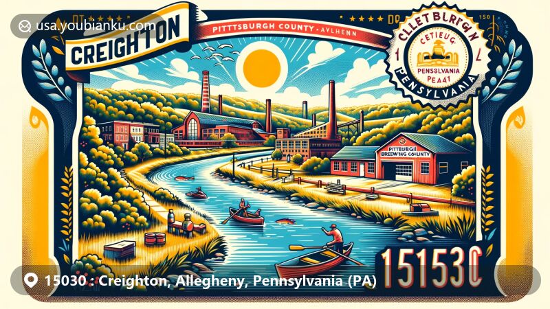 Modern illustration of Creighton, Allegheny County, Pennsylvania, showcasing natural beauty and outdoor activities like fishing and hiking, with subtle incorporation of Pittsburgh Brewing Company's iconic elements, Allegheny County silhouette, Pennsylvania state flag, vintage postage stamp featuring ZIP code 15030, and 'Creighton, PA' postal mark.