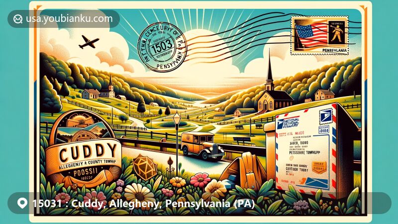 Modern illustration of Cuddy, Allegheny County, Pennsylvania, blending postal theme with National Cemetery of the Alleghenies, showcasing vintage air mail envelope and Pennsylvania state symbols.