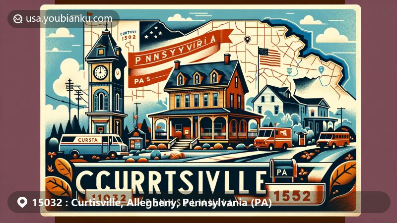 Modern illustration of Curtisville, Allegheny County, Pennsylvania, capturing postal theme with ZIP code 15032, featuring local landmarks and symbolic postal elements.