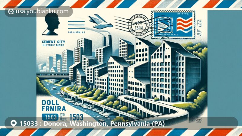 Modern illustration of Cement City historic district in Donora, Pennsylvania, featuring early 20th century industrial concrete residences. The scene cleverly incorporates the design of an airmail envelope with stamps, postmarks, and prominently displayed ZIP Code '15033'. Subtle inclusion of the Pennsylvania state flag in the background symbolizes the state's identity. This illustration aims to highlight the uniqueness of the Donora area and postal communication theme, blending history with postal icons in a vivid format suitable for web display.