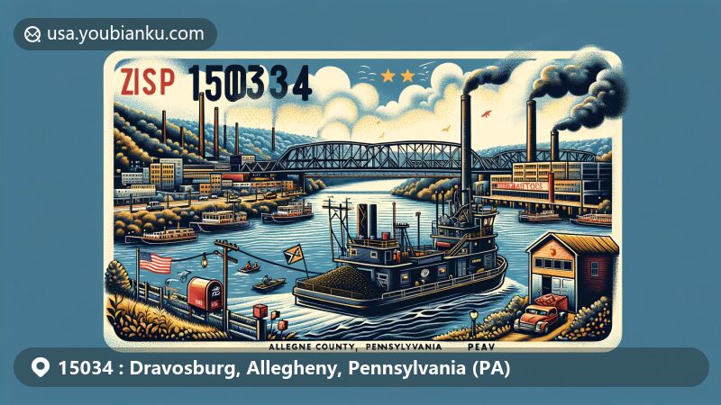 Modern illustration of Dravosburg, Allegheny County, Pennsylvania, capturing the town's coal mining heritage and community spirit along the Monongahela River, featuring a coal barge terminal and modern postal elements with ZIP code 15034.