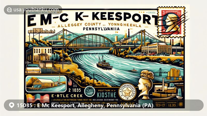 Modern illustration of E Mc Keesport, Allegheny County, Pennsylvania, featuring postal theme with ZIP code 15035, highlighting its location between Turtle Creek, Monongahela, and Youghiogheny rivers and historical background related to early land traders.